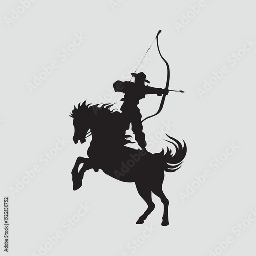 Black silhouette vector illustration of a knight riding a wild horse with a design featuring animal art and equestrian sport outlines