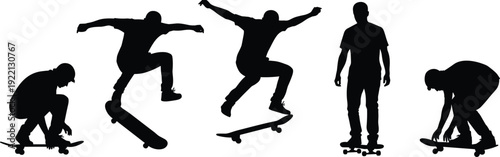 Black silhouettes of male skateboarders in action, jumping mid-air tricks, street skating poses, urban extreme sports set isolated on white,