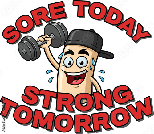 Cartoon character lifting dumbbell with motivational gym phrase