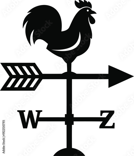 Black silhouette of a rooster weather vane with directional letters