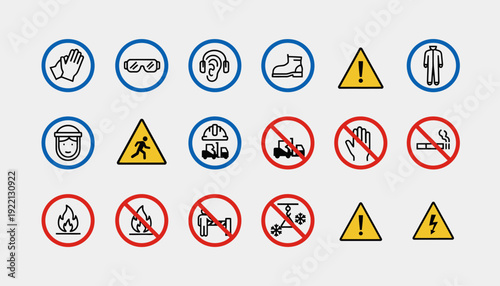 Safety Signs Vector Icons | Industrial, Construction, Mandatory, Warning, Prohibition, Hazard Prevention, Workplace Safety, Minimalist Line Art, Editable Vector Set, Modern Graphics Collection