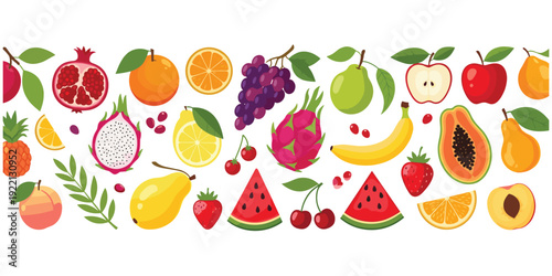 Colorful flat vector illustration of assorted tropical and seasonal fruits, healthy food collection with sliced and whole fruit variety
