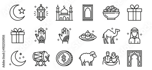 Minimalist Line Regional Eid Traditions Vector Icons Set Illustrating Islamic Cultural Symbols Mosque Dates Camels Family Zakat Coins and Festive Elements for Holiday Design