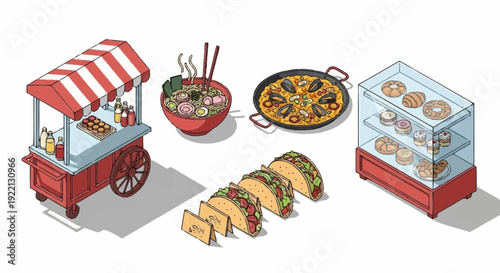 A vibrant street food cart with tacos and pizzas on display in a bustling urban environment viewed from the side.