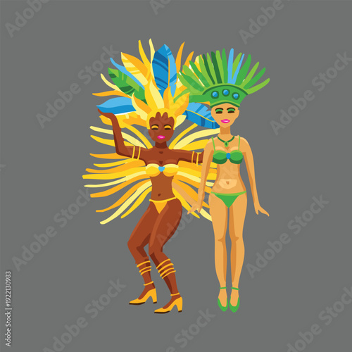 A beautiful native woman with a smile wears a fashion flower in her hair while enjoying a fun holiday with a happy child in this vibrant vector cartoon illustration art