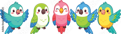 Cute colorful parrot cartoon collection, adorable tropical bird characters set with different poses isolated on white background
