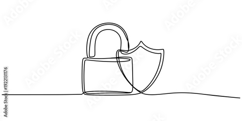 Guard badge with padlock inside continuous line drawing. Protect and security concept. Vector hand drawn illustration isolated on white.