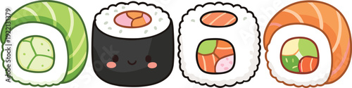 Cute kawaii sushi rolls cartoon set, adorable Japanese food characters isolated on white background illustration collection