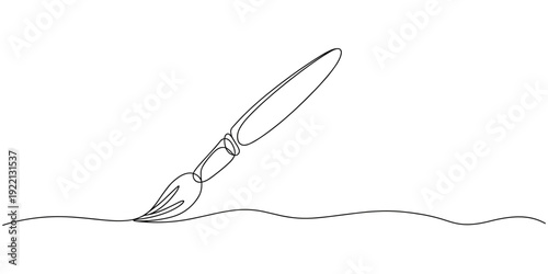 Paintbrush continuous line art, One continuous line of a paint brush for painting. Line art of a tool with a wooden handle and thick bristles. Drawing in one line style with a black stroke on a white