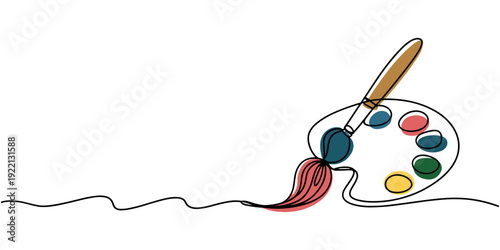 Paint brushes continuous one line drawing. Isolated on white background vector, Continuous one line drawing vector illustration, brush and painting palette one line drawing vector illustration.