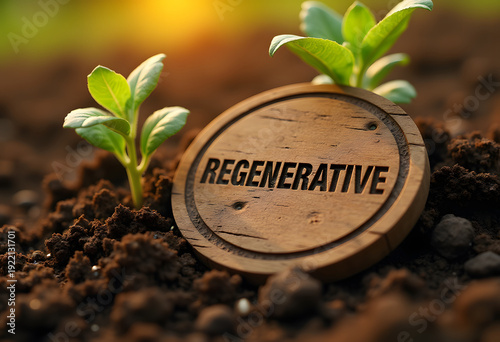Regenerative agriculture concept with young plant growing in soil