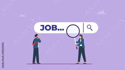 Employees using magnifying glass searching a job on the search bar. Employees looking for job, looking for employment and job vacancy concept.