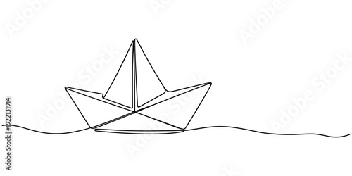 Paper boat in the sea one line art drawing, One continuous line drawing of paper boat. Origami ship concept for success leadership of business in simple linear style. Editable stroke. Doodle Vector