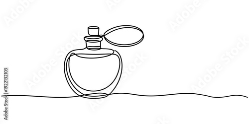 Continuous one line of a perfume bottle spray, representing luxury lifestyle, hand drawn vector illustration. Continuous one line drawing of perfume bottle or dispenser. Fragrance perfume bottle.