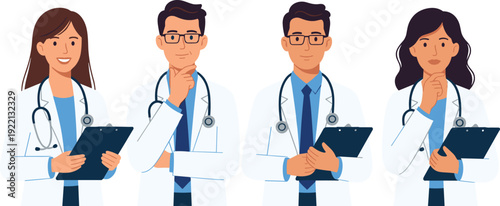 Professional doctors team illustration, male and female medical staff with stethoscope vector isolated on white background