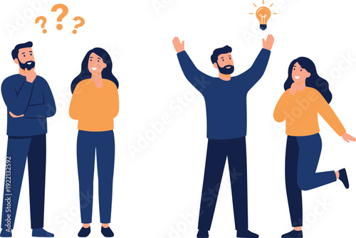 Team brainstorming success concept illustration, confused couple thinking with question marks finding creative idea solution with light bulb