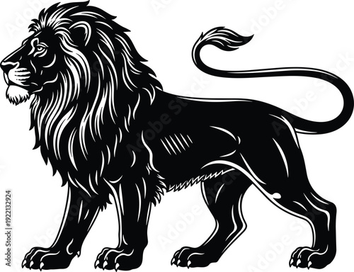 Black and white majestic lion standing silhouette vector illustration with detailed mane and fierce expression isolated on a white background