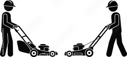 Lawn Care Workers Pushing Grass Mowers Yard Maintenance Black Silhouette Vector Illustration Set