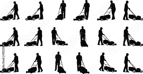 Lawn mower worker silhouette collection with multiple grass cutting poses landscaping vector set