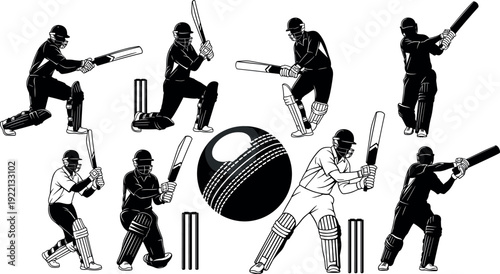 Cricket player silhouettes batting in multiple action poses with ball and stumps, black and white illustration set representing professional sport, competition, teamwork, and athletic motion concepts