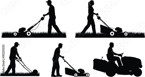 Lawn mowing workers silhouette collection with push and riding mower landscaping vector set