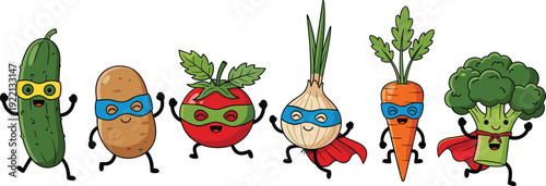 Cute Superhero Vegetables Vector Set with Funny Tomato, Carrot, Broccoli and Cucumber Characters Isolated Cartoon Collection