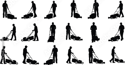 Lawn Mower Operator Silhouette Collection Grass Cutting Gardener Pushing Machine Vector Set Isolated