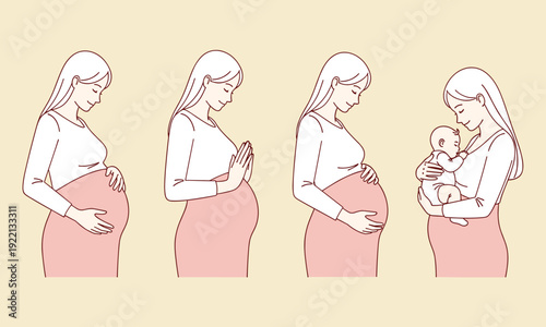 Pregnant woman maternity journey illustration showing stages of pregnancy, prenatal care, motherhood, and mother holding newborn baby, symbolizing maternal love, expectation, spirituality, and family