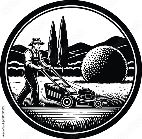 Man Pushing Lawn Mower Cutting Grass in Garden Landscape Black Silhouette Vector Illustration
