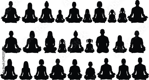 Meditation silhouettes family yoga poses set adults and children mindfulness lotus position vector collection