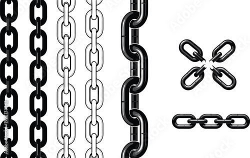 Metal Chain Links Collection Heavy Industrial Chains Silhouette Vector Set Isolated on White
