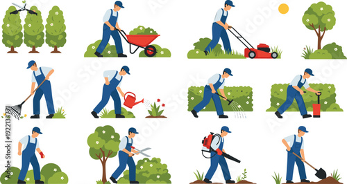Gardener Working Vector Set with Lawn Mowing, Watering, Raking and Landscaping Activities Isolated Flat Character Collection