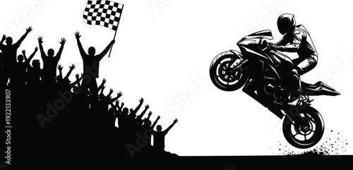 Motorcycle racer performing wheelie stunt with cheering crowd and checkered flag silhouette vector illustration isolated