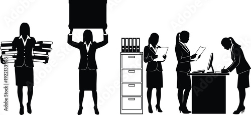 Businesswoman Office Silhouette Collection Professional Female Worker Corporate Tasks Vector Illustration Set