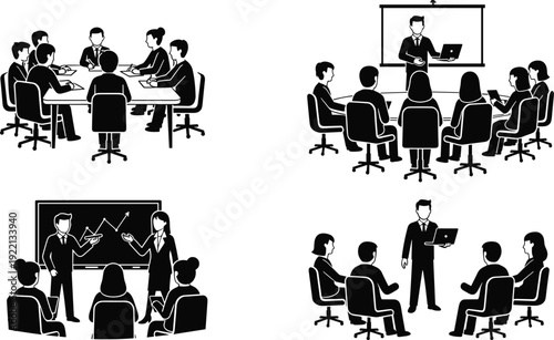 Business meeting silhouette set, corporate team presentation training and conference discussion vector illustration isolated on white background