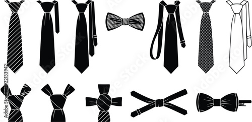 Necktie and bow tie collection with various styles formal fashion vector illustration set