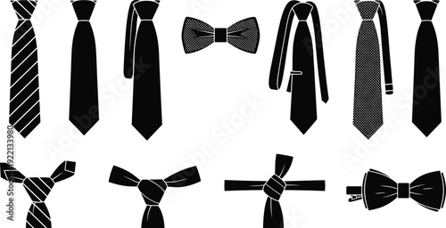Necktie and Bow Tie Silhouette Collection Formal Business Fashion Accessories Vector Illustration Set