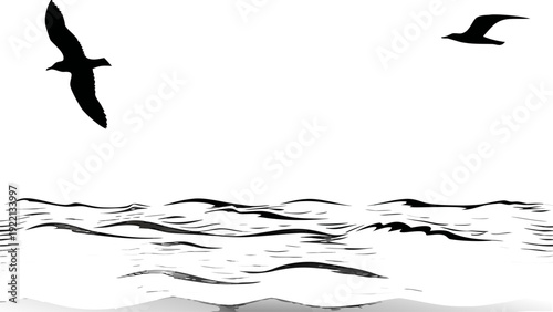 Seagulls soaring over ocean waves in dynamic flight