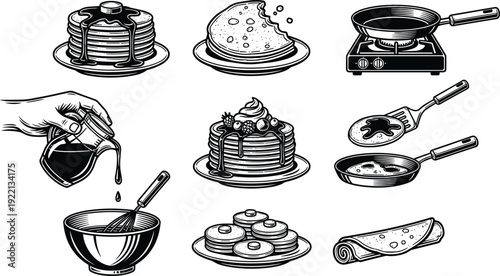 Pancake cooking process and breakfast food icons with syrup pan and kitchen tools illustration set