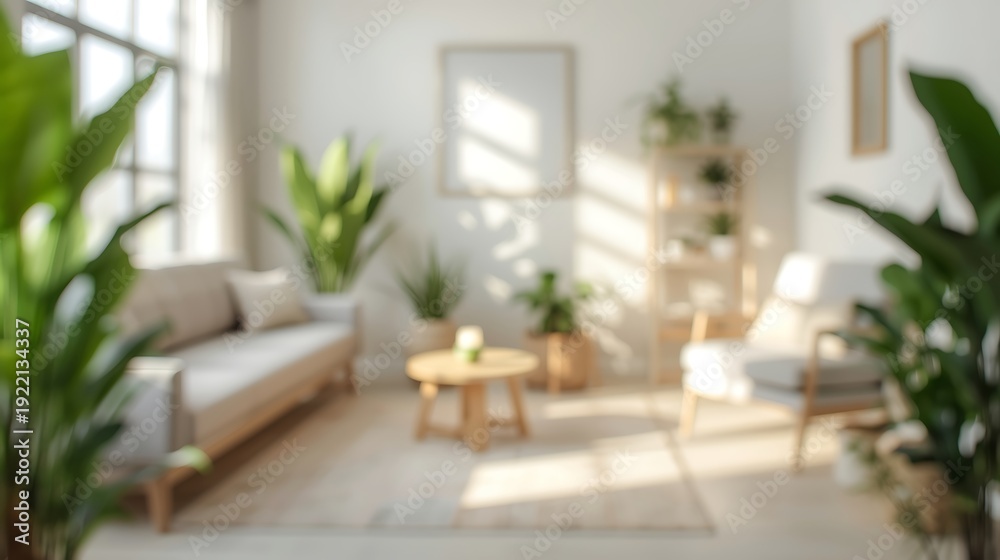 Fototapeta premium Generative AI Modern Bright Living Room Interior with Natural Sunlight and Indoor Plants