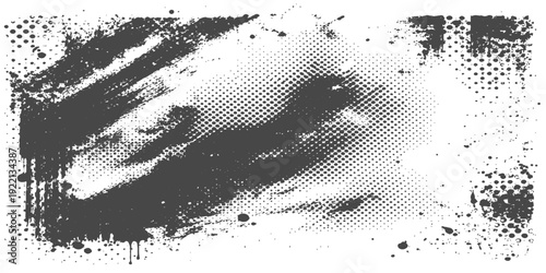 Abstract grunge background with black ink splashes and paint splatters featuring a dirty vector texture and halftone brush drips for a graffiti art silhouette design