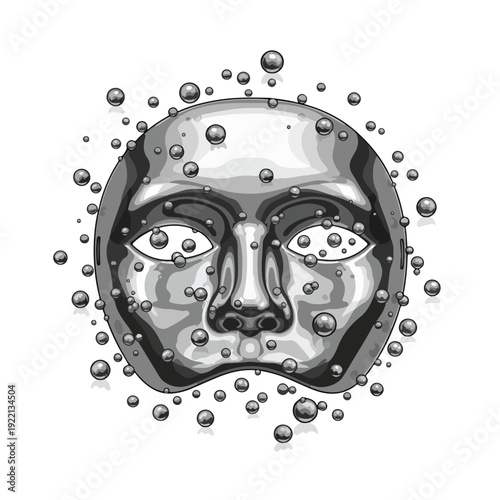 Shiny metal face with water droplets on isolated white background