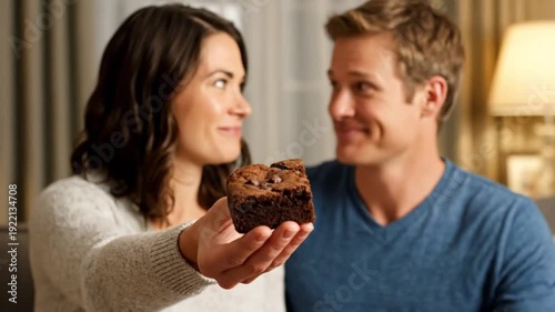 Friend Offering Chocolate Brownie Piece Mid Shot Dessert Sharing