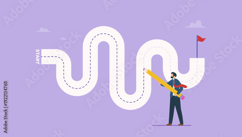 Businessman draw path to achieve success, business step or career path. Progress or journey to success or achieve goal concept.
