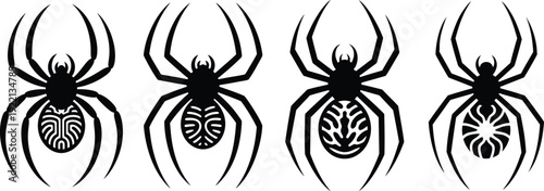 Four detailed black spider illustrations with intricate web patterns and distinct markings Vector, illustration