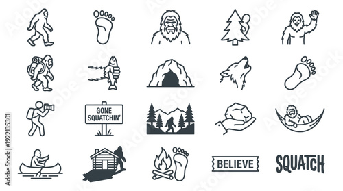 Sasquatch and bigfoot outline vector icon set, wild yeti monster camping and forest elements illustration, footprint, cave, pine tree, campfire, canoe line art graphic design.