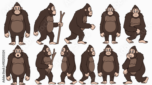 Vector set of bigfoot sasquatch cartoon character showing different expressions and poses, wild yeti ape monster standing, walking, crouching, thinking isolated illustration art.