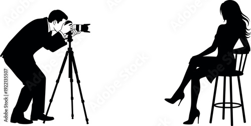 Photographer silhouette taking studio portrait of seated woman model, black and white illustration representing professional photography, photoshoot session, fashion posing, and creative visual art 