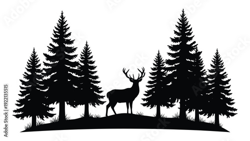 A deer stands in a forest surrounded by pine trees isolated on white background, Vector