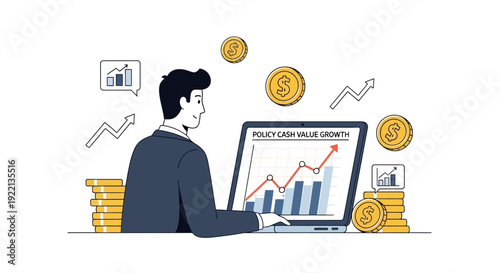 Businessman analyzing financial data on laptop with coins and charts illustration